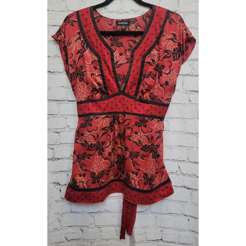 Bebe Red Black Floral Polka Dot Y2K Empire Waist Tie Back Tunic Top Large